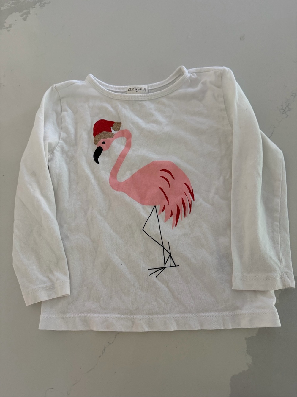 Crewcuts White Long Sleeve Tee with Pink Flamingo wearing Santa hat.
